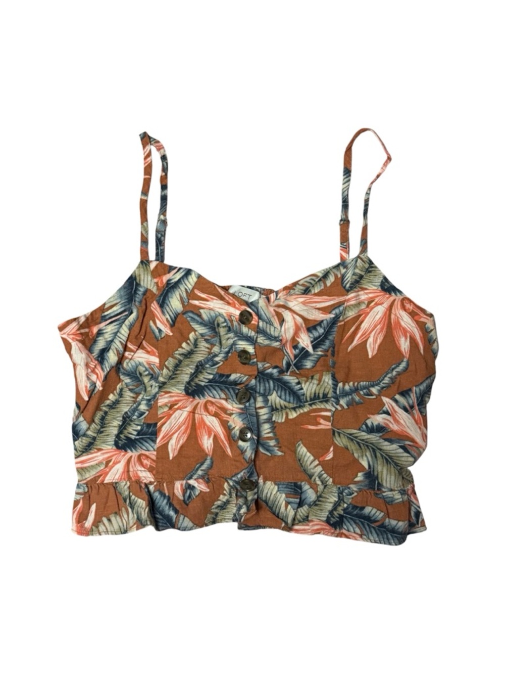 LOFT Rust Floral Leaf Print Button-Front Tank